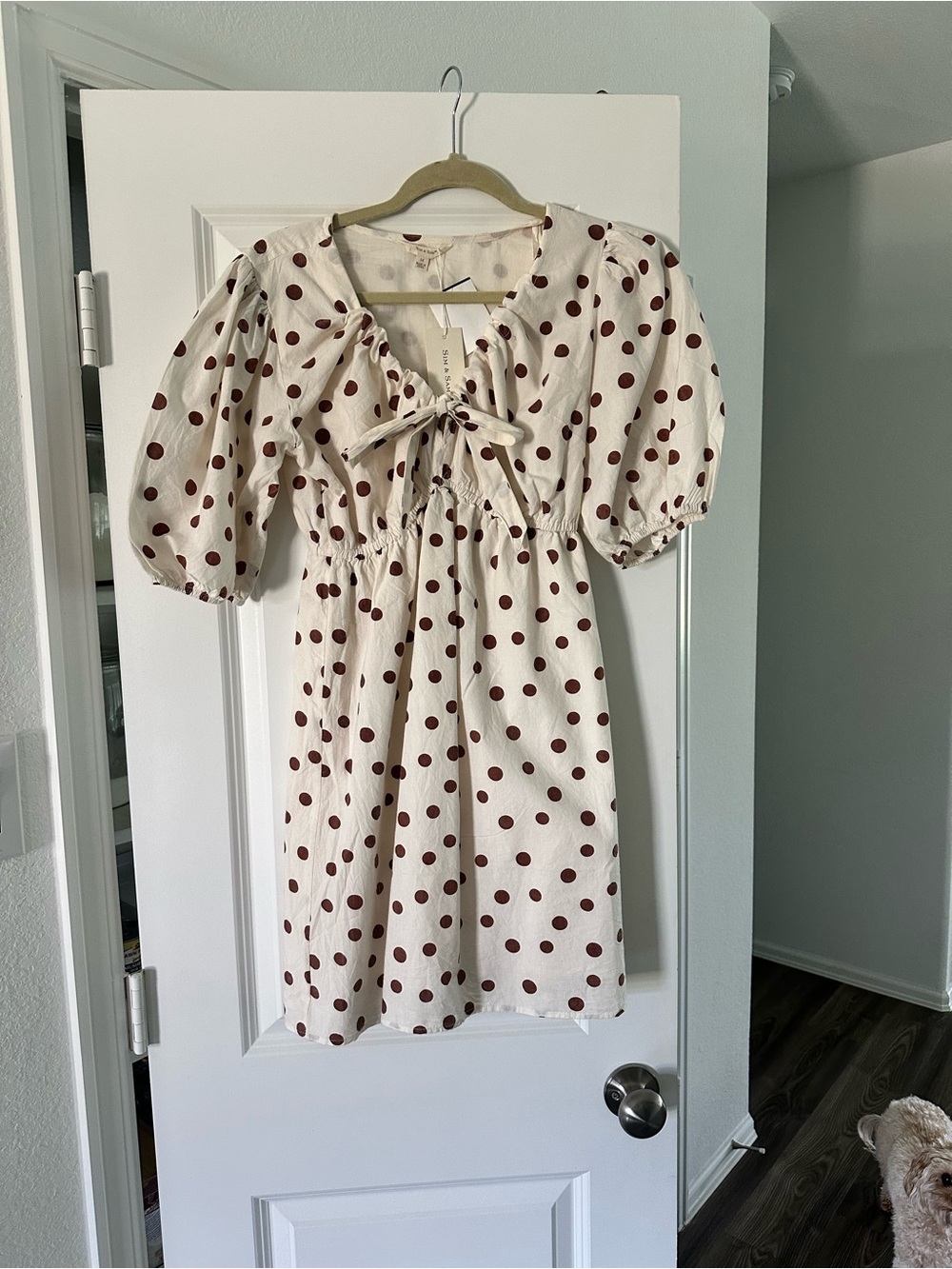 Polka Dot Puff-Sleeve Mini Dress in Cream with Brown Dots